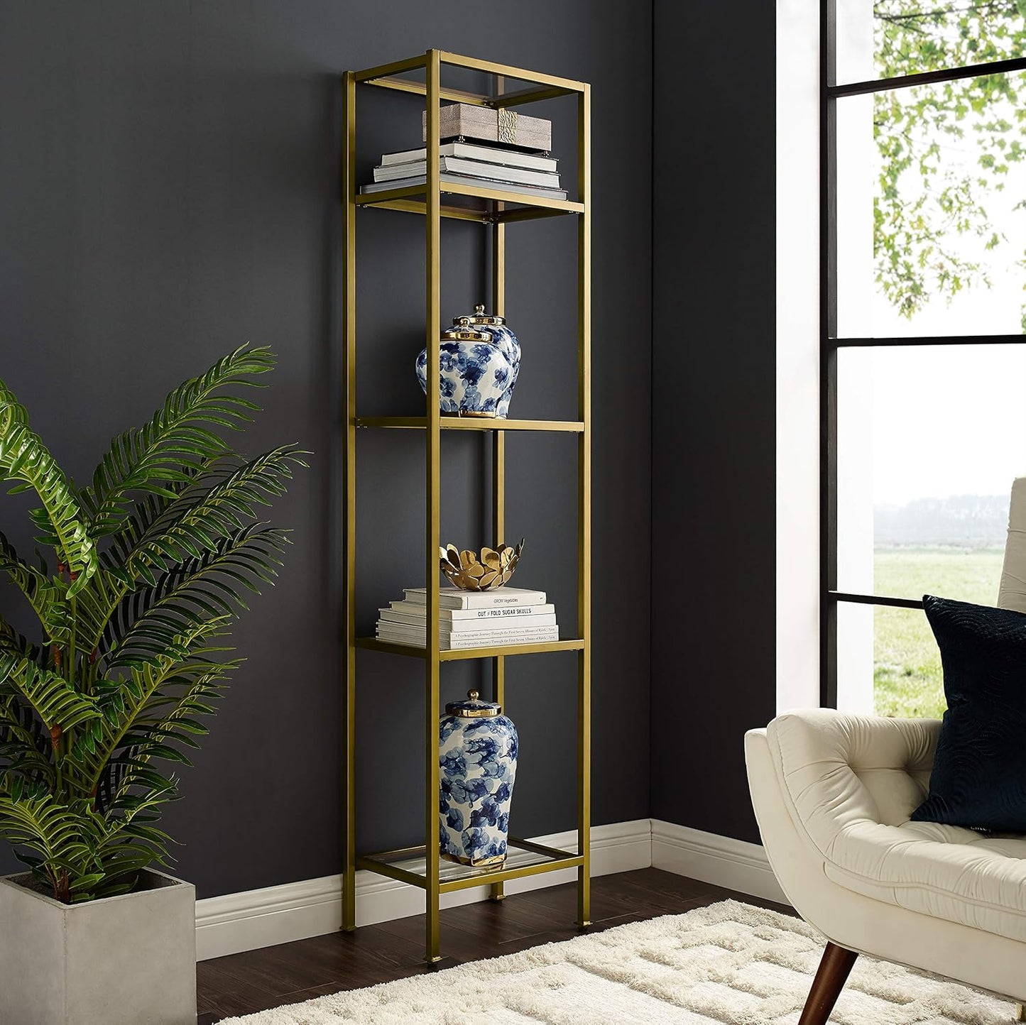 Crosley Furniture Aimee Narrow Bookshelf with Glass Shelves, Bookcase Storage, Gold and Glass
