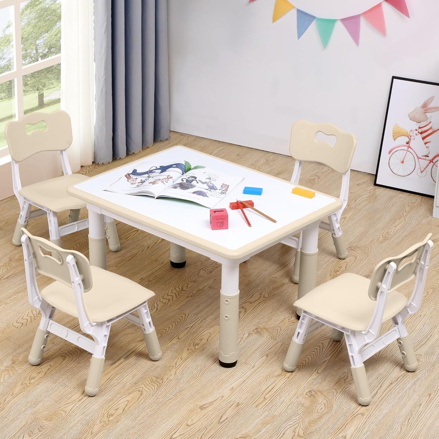 Adjustable Kids Table & Chairs Set for Ages 3-8 | 31.5"x23.6" Easy-Clean Activity Table | Meets ASTM/CPSC Standards for Daycare, Homeschool & Playroom (Natural, 4 Chairs)