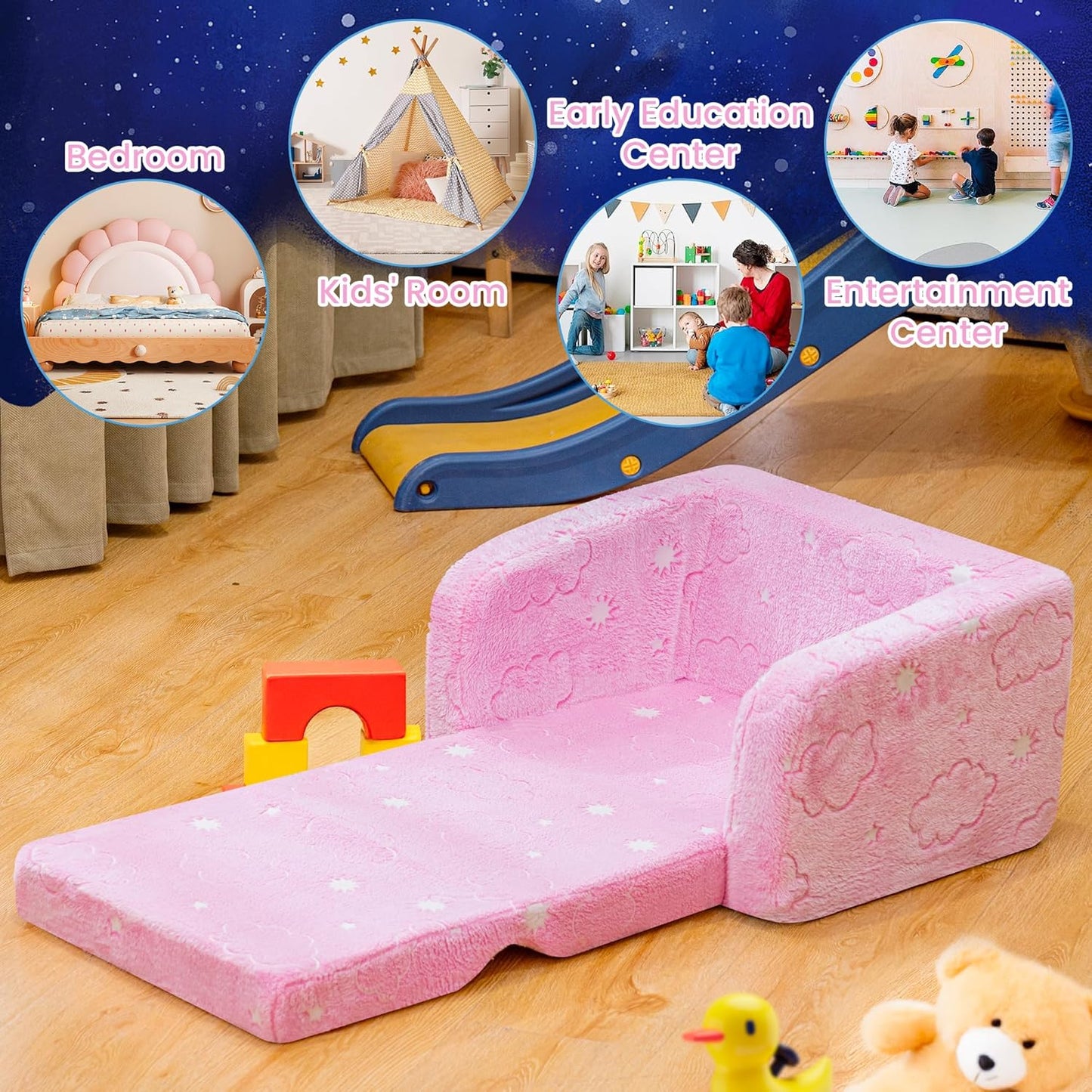 Lamerge 2-in-1 Soft Toddler Couch Fold Out,Foldable Toddler Chair, Glow in The Dark Kids Sofa for playroom,Convertible Foam and Floor Cushion for Boys and Girls (Pink and Clouds)