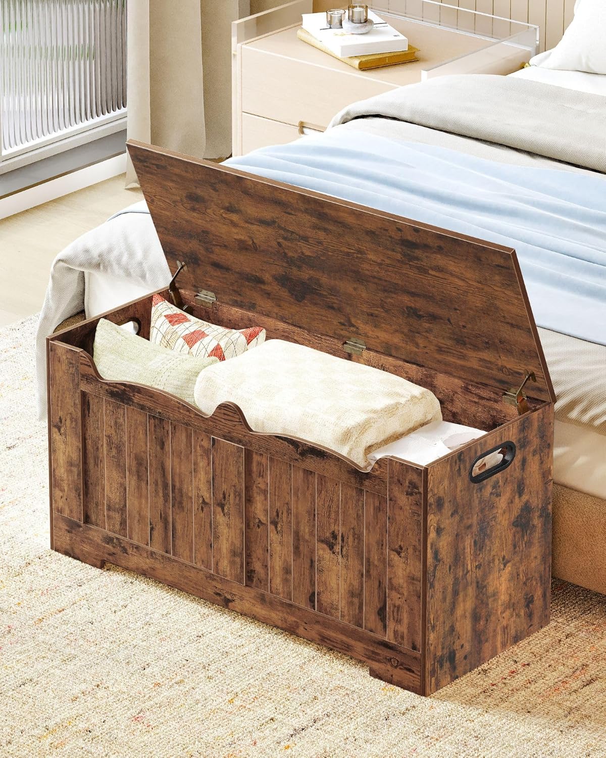 39.4" Storage Chest, Storage Bench Trunk with 2 Safety Hinge, Wooden Box, Lift-Top Chest Organizer, Shoe Bench for Entryway, Bedroom, Living Room, Rustic Brown SB01001X