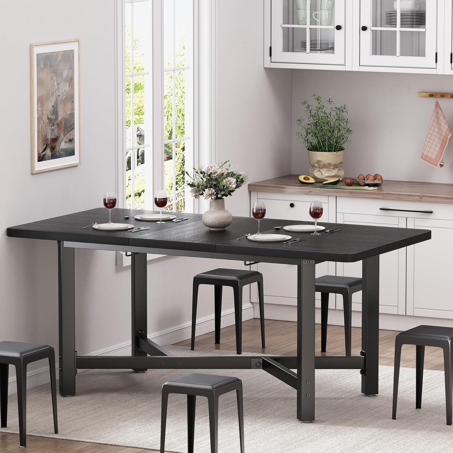 Dining Table for 4-6,62“Extendable Round Kitchen Dining Room Table, Space Saving Rectangle Large Expandable Wood Dinner Furniture for Small Space（47-62In*28In*30In） (Grey)