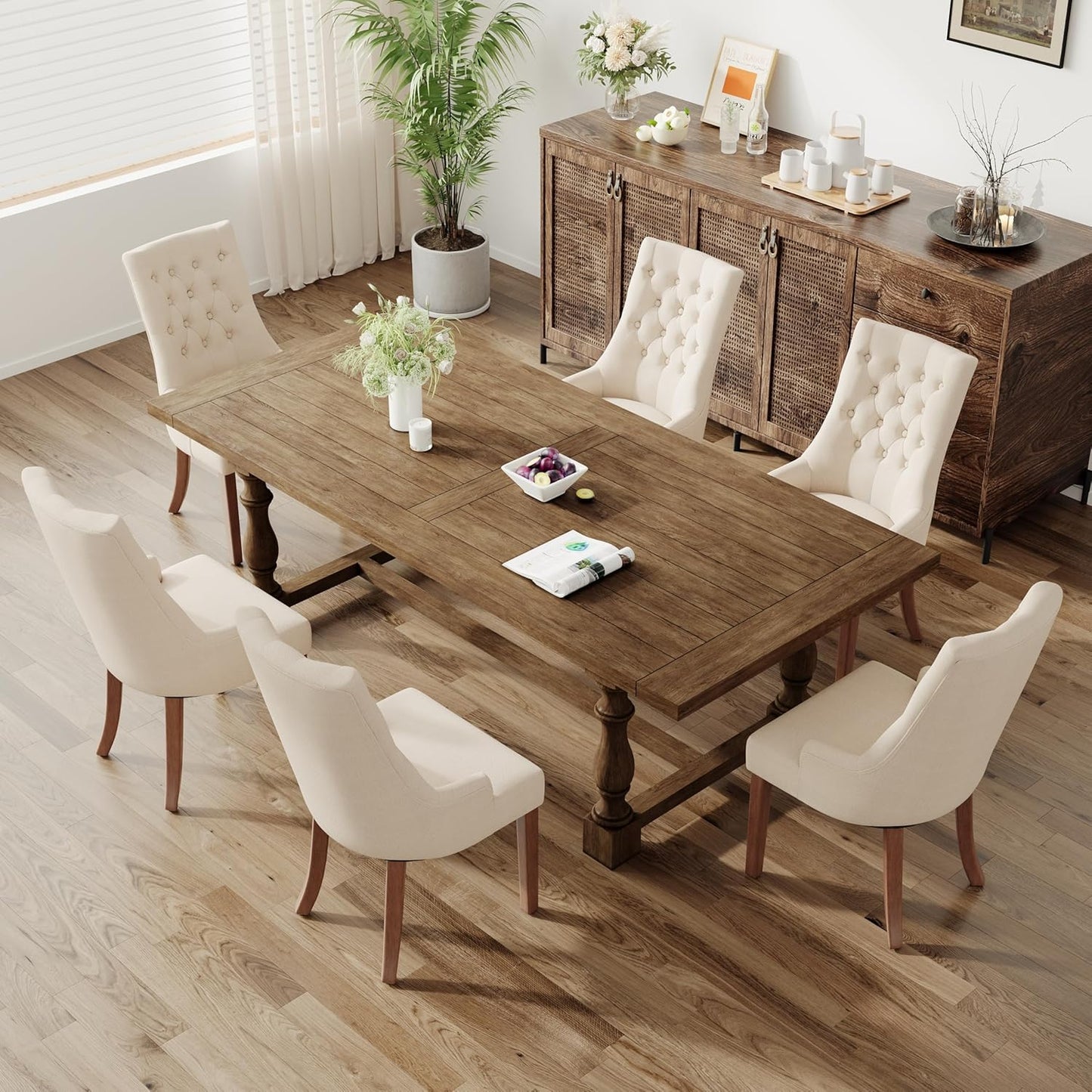 COLAMY Fabric Side Dining Chairs Set of 6, Wingback Upholstered Dining Room Chairs with Tufted Button, Living Room Chairs for Home Kitchen, Beige