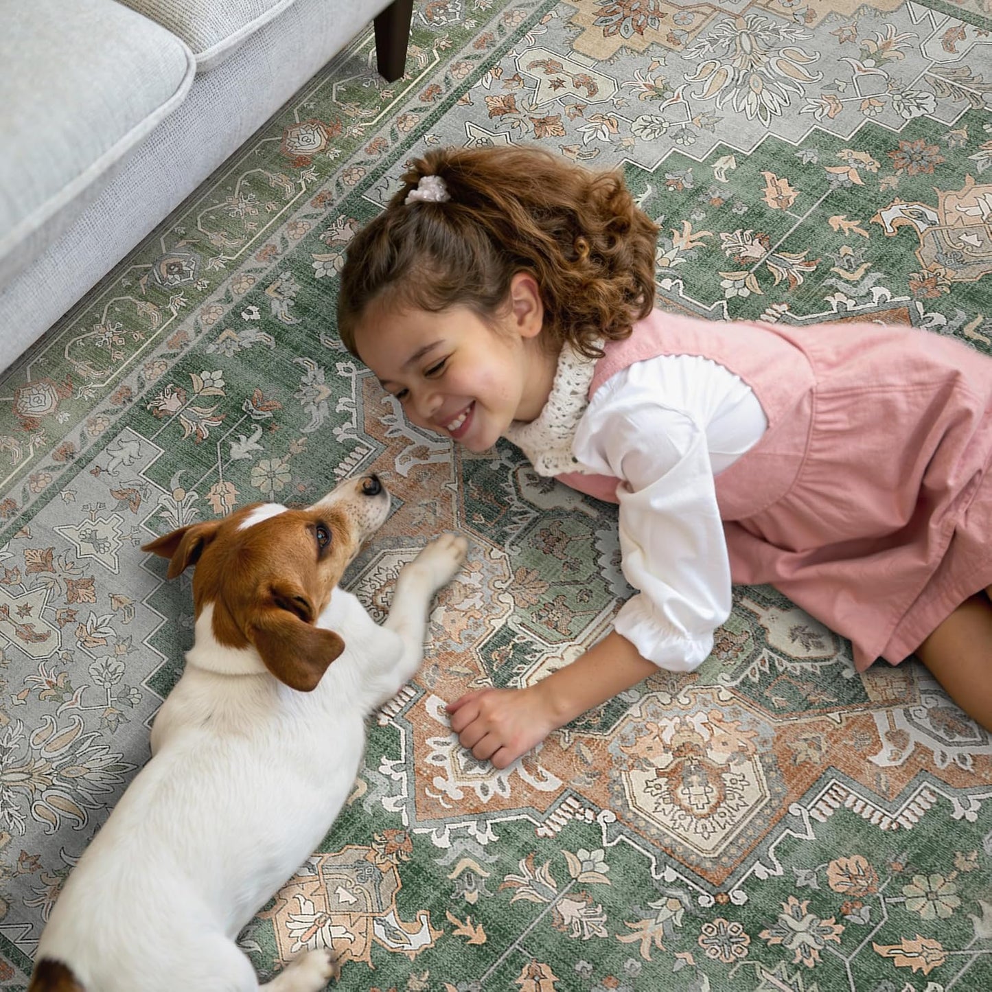 GENIMO 2x5 Runner Rugs for Hallway, Machine Washable Non Slip Vintage Rugs, Low Pile Lightweight Soft Print Rug for enrtyway, Corridor, Home Office, Kitchen, Sage Green