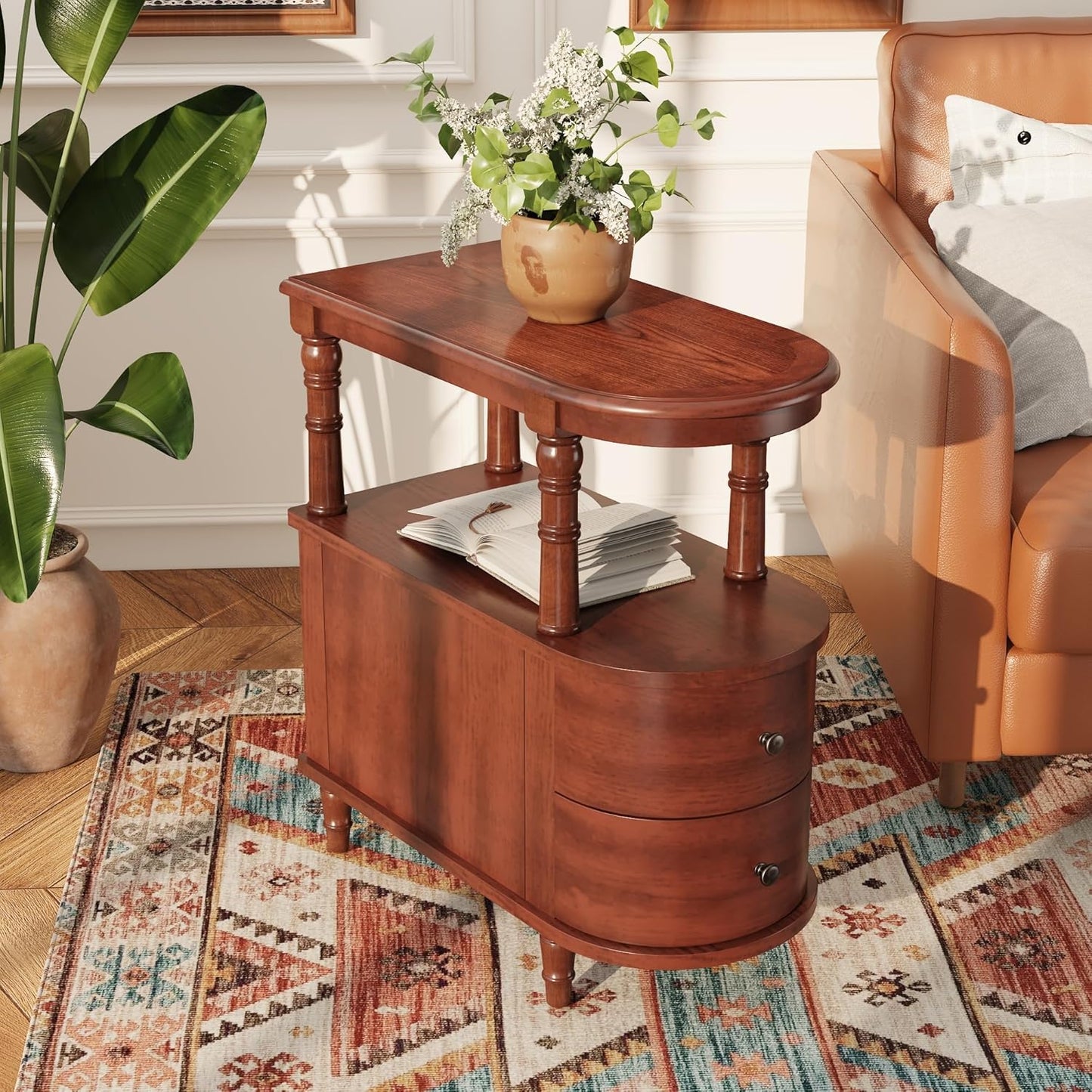 Wood End Table with 2 Drawers and Storage Shelf, Narrow Sofa Side Table for Living Room, Vintage Slim Nightstand Bedside Table for Bedroom, Slim Chair Side Table Cherry Brown BG-A508-MG