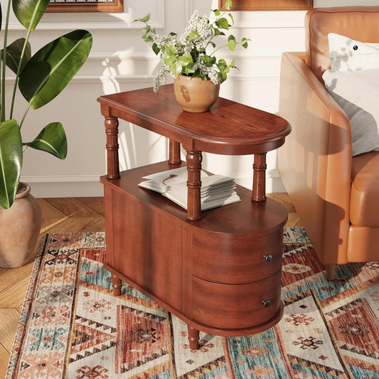 Wood End Table with 2 Drawers and Storage Shelf, Narrow Sofa Side Table for Living Room, Vintage Slim Nightstand Bedside Table for Bedroom, Slim Chair Side Table Cherry Brown BG-A508-MG