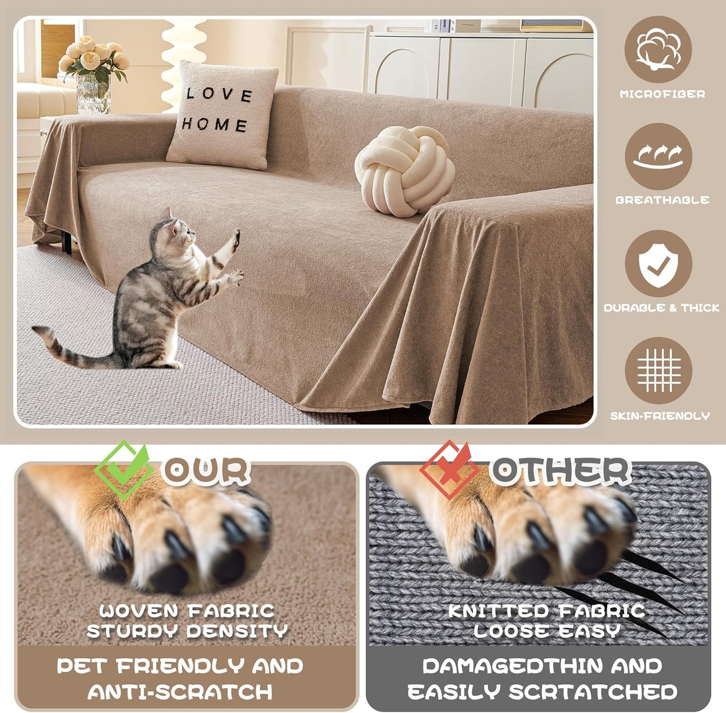 MYSKY HOME Couch Cover Sofa Covers for 3 Cushion Couch, Ultra - Soft Dog Couch Covers Protector for Sectional Sofa, Non Slip Sofa Slipcover Furniture Protector for Pet, 91" x 118", Khaki