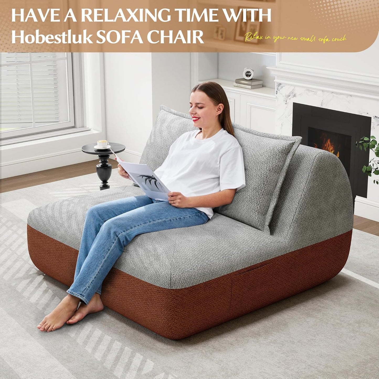 Hobestluk Small Sofa Couch Lounge Sofa Chair for Living Room, Comfy Memory Foam Couch, Mini Sofa with Side Pocket for Living Room, Bedroom (Terracotta+Light Grey)