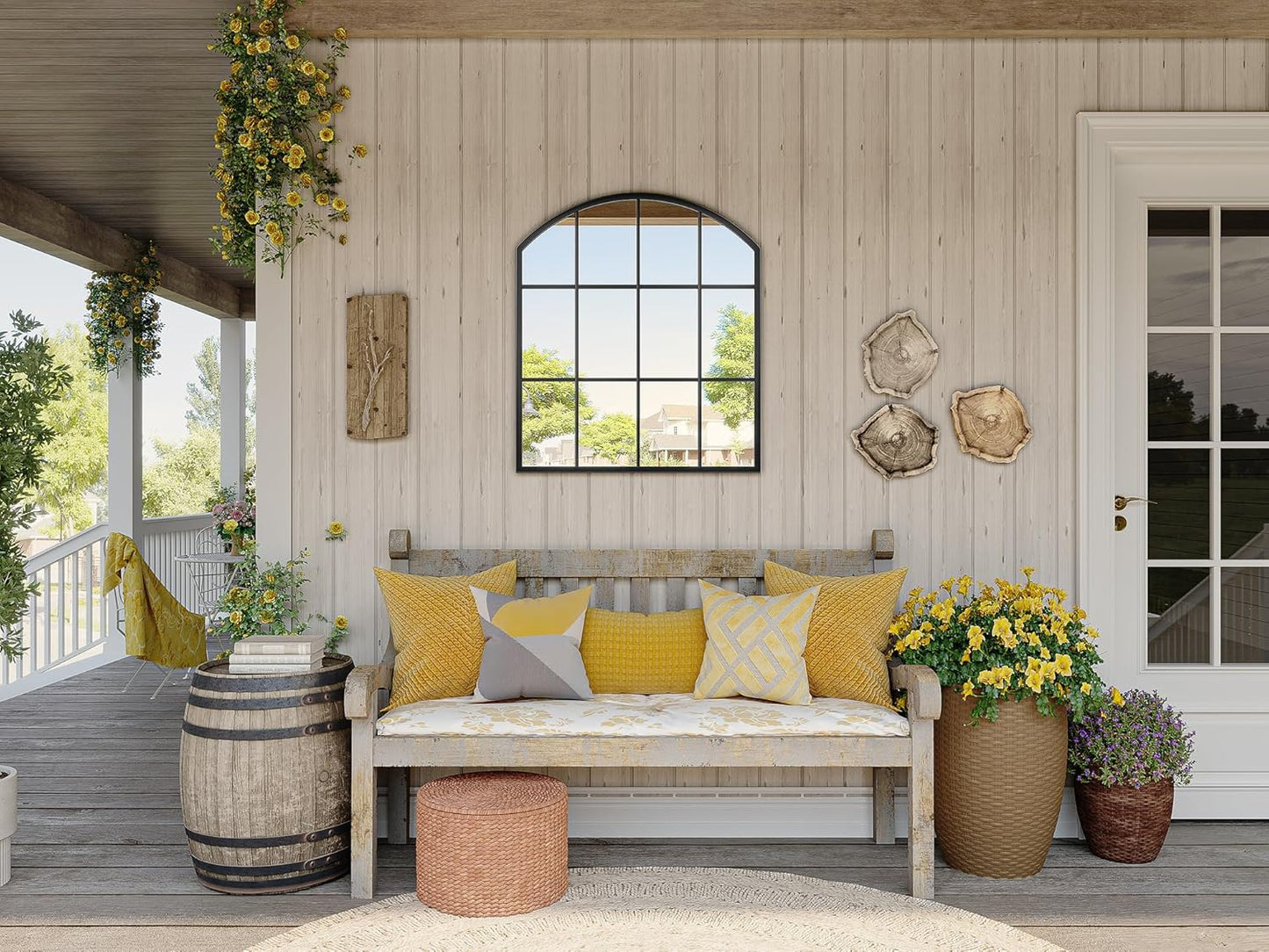 Wide Window Pane Mirror, 28" x 32" Black Arched Mirror for Wall, Large Grid Wall Mirrors for Living Room Bedroom Farmhouse Fireplace Hallway Entryway