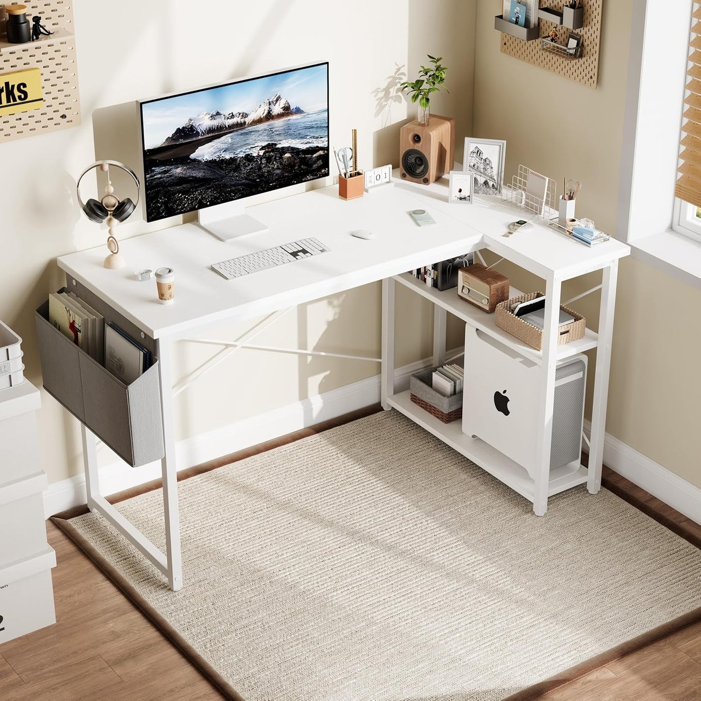 L Shaped Computer Desk with Reversible Shelves, 40 Inch Small Corner Desk with Storage Bag, Gaming Desk Computer Table Study Writing Desk for Home Office Small Space, White