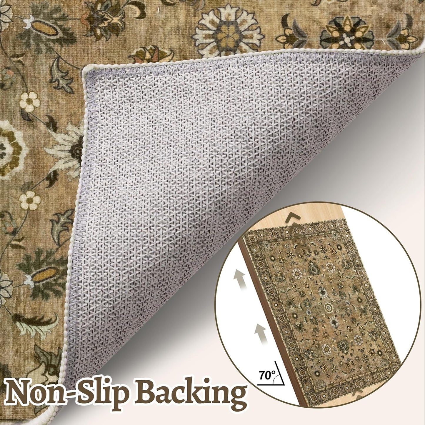 2x4 Washable Rug for Entryway, Vintage Floral Rug Non Slip Small, Indoor Front Door Runner Rugs, Print Distressed Brown Door Mat Carpet, Soft Low Pile for Entrance Kitchen Bedroom Bathroom