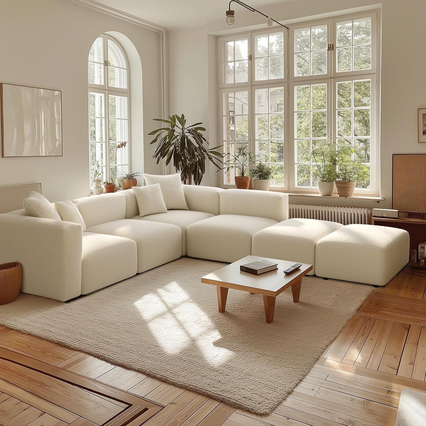 Acanva Convertible Modular Sectional Sofa with Movable Ottomans, Free Combination Corduroy Couch for Living Room Apartments, U-Shaped, White