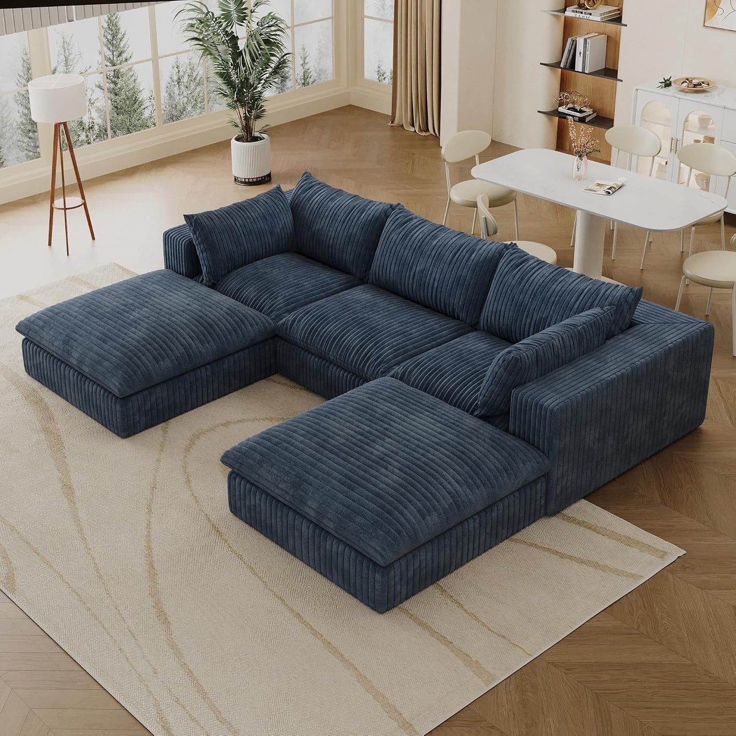 Down Filled Boneless Sectional Sofa Cloud Couch with Movable Ottomans, 118 inch Convertible U Shaped Lounge Couch w/Deep Seat, Fluffy Corduroy Upholstered Compress Modular Sofa