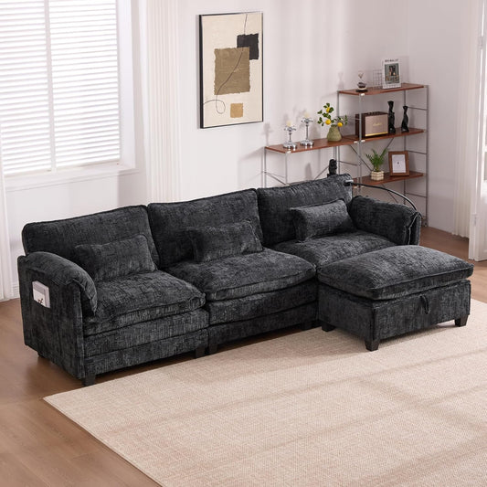 Ball & Cast Modular Sectional Sofa,Comfy Cloud Couch with Movable Storage Ottoman,L Shaped Sectional Sofa W/USB Charging Port,Phone Holder and Side Pocket,Chenille Fabric,for Living Room,Black,109"