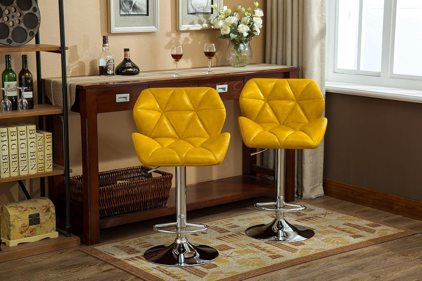 Roundhill Furniture Glasgow Contemporary Tufted Adjustable Height Hydraulic Yellow Bar Stools, Set of 2,