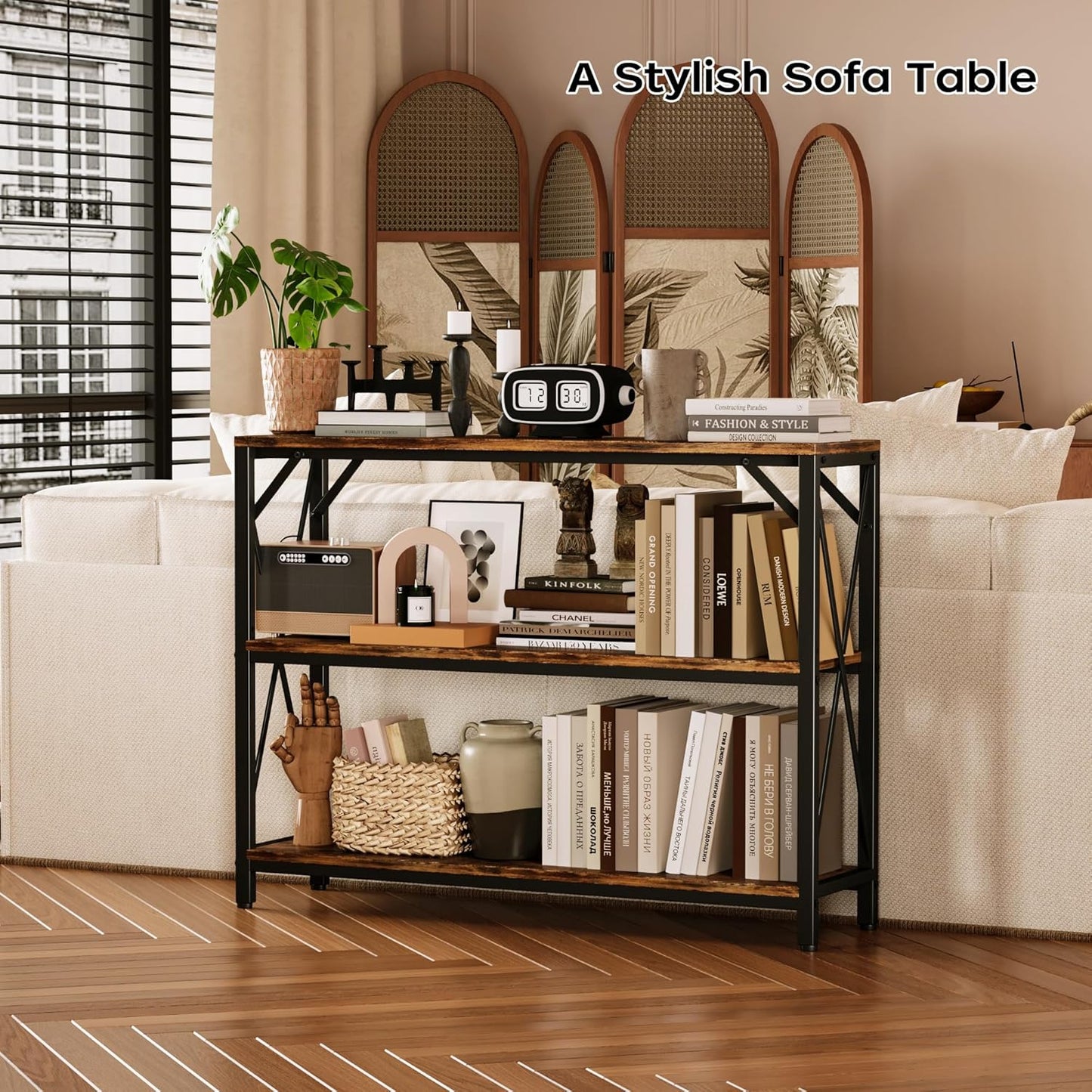 Homeiju Entry Table 40" Width, 3-Tier Entryway Table with Storage, Industrial Sofa Table with Open Shelves, Foyer Tables for Entryway, Hallway, Kitchen, Living Room and Bedroom, Rustic Brown