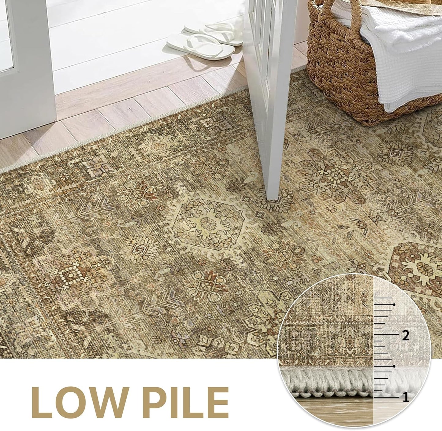 GENIMO 8X10 Area Rugs for Living Room, Machine Washable Non Slip Vintage Floral Patchwork Rug, Thin Low Pile Chenille Carpet Rugs for Bedroom, Dining Room, Straw