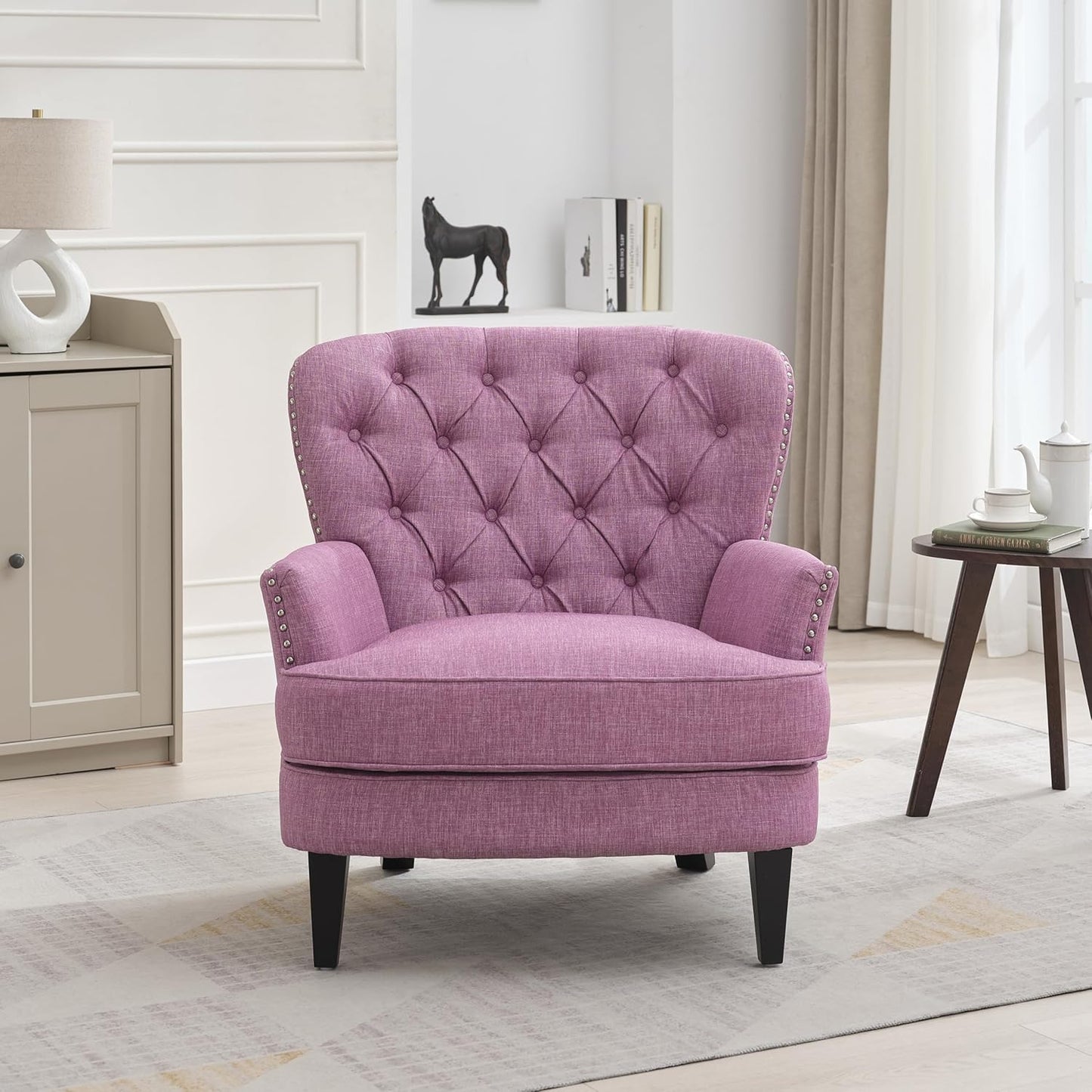 Ball & Cast Accent Chair,Mid-Century Lounge Living Room Chairs with Button Tufting,Upholstered Reading Accent Chair W/Solid Wood Legs and Curved Backrest,for Bedroom,Apartment,Pink