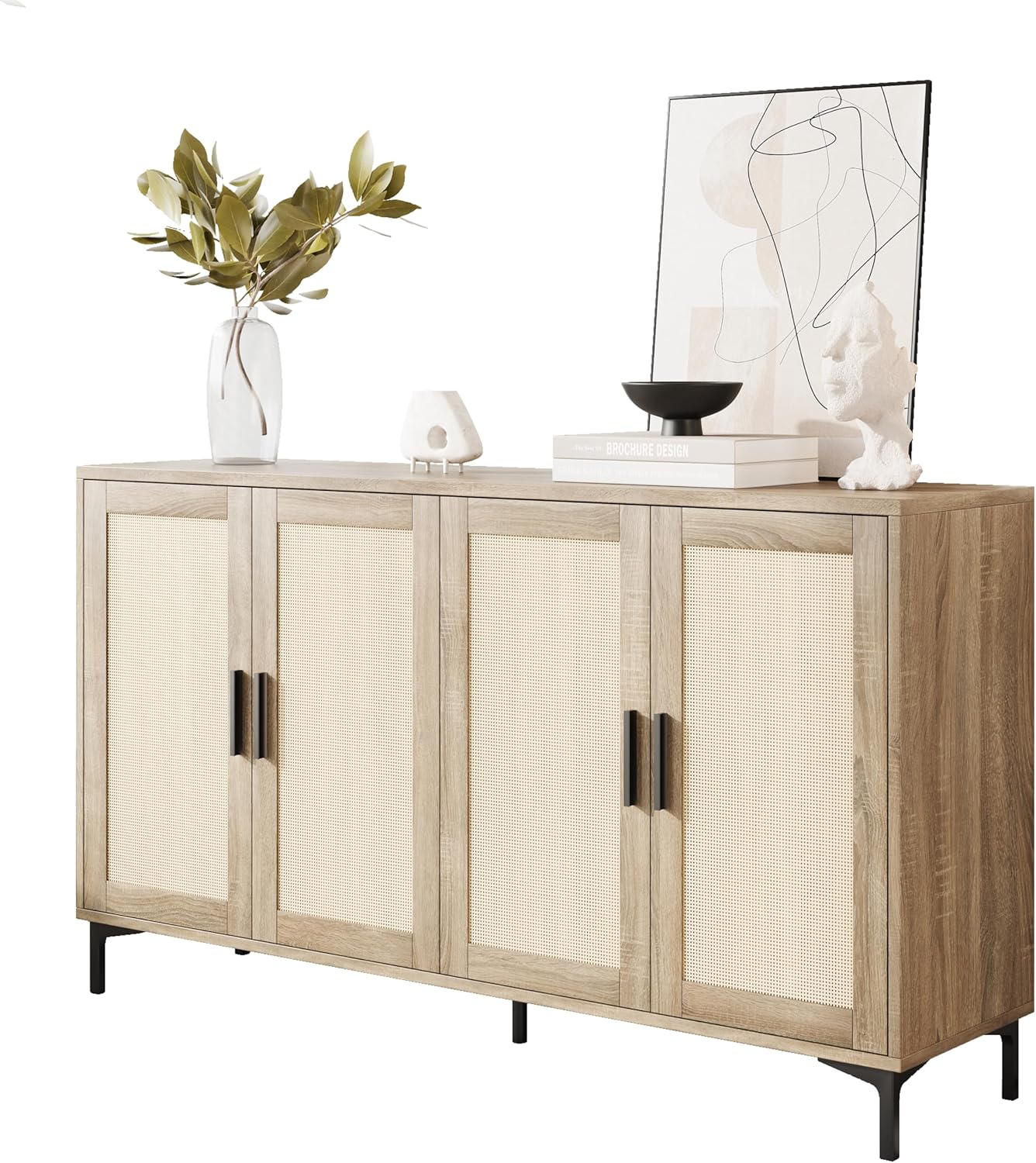 Sideboard - Kitchen Buffet Cabinet with Rattan Decorated Doors, Accent Cabinets with Doors, Coffee Bar Cabinets Rattan Sideboard Buffet Cabinet with Storage (Natural with 4 Doors)