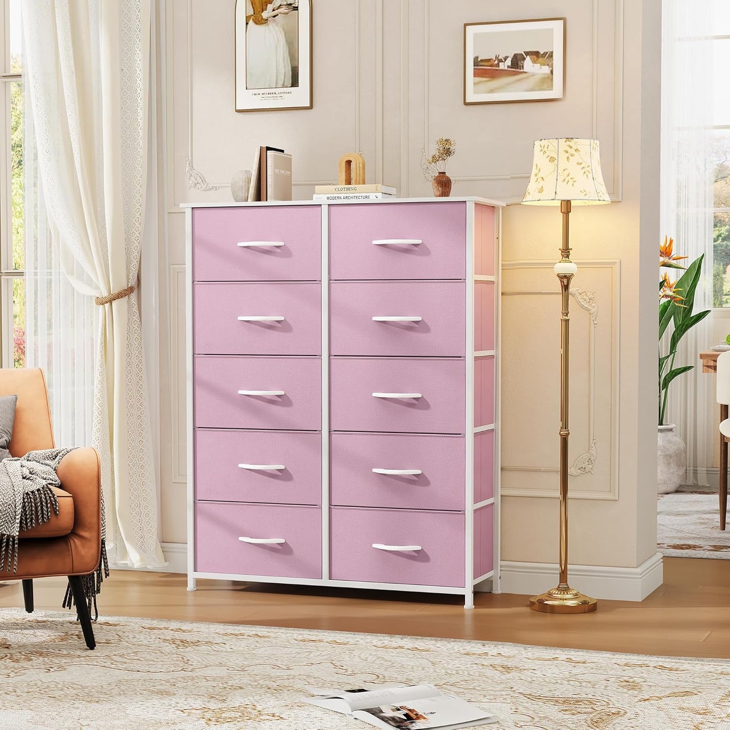 DWVO 10 Drawer Dresser - Fabric Storage Tower, Tall Chest Organizer Unit, Living Room, Hallway, Closets - Sturdy Steel Frame, Wooden Top & Easy Pull Fabric Bins, Pink