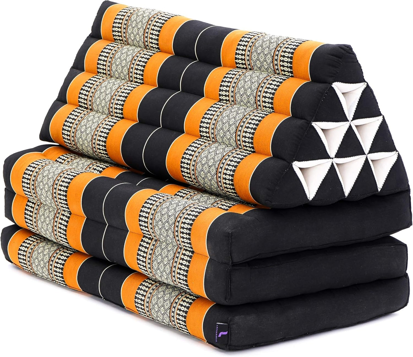 Leewadee Comfortable Japanese Floor Mattress - Thai Floor Bed with Triangle Cushion - Futon Mattress - XL Extra Wide Thai Massage Mat, 67 x 31 inches, Black Orange, Kapok Filling