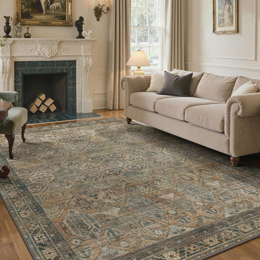 GENIMO 8x10 Area Rugs for Living Room, Machine Washable Non Slip Vintage Rugs, Low Pile Lightweight Chenille Print Rug for Bedroom, Dining Room, Home Office, Warm Taupe