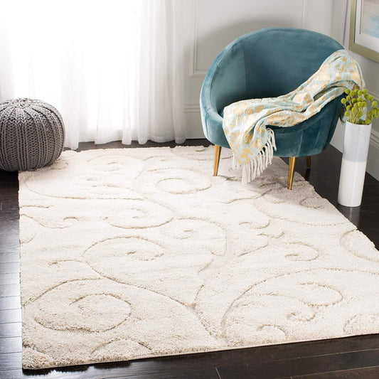 SAFAVIEH Florida Shag Collection Accent Rug - 4' x 6', Creme & Creme, Scroll Design, Non-Shedding & Easy Care, 1.2-inch Thick Ideal for High Traffic Areas in Foyer, Living Room, Bedroom (SG455-1111)