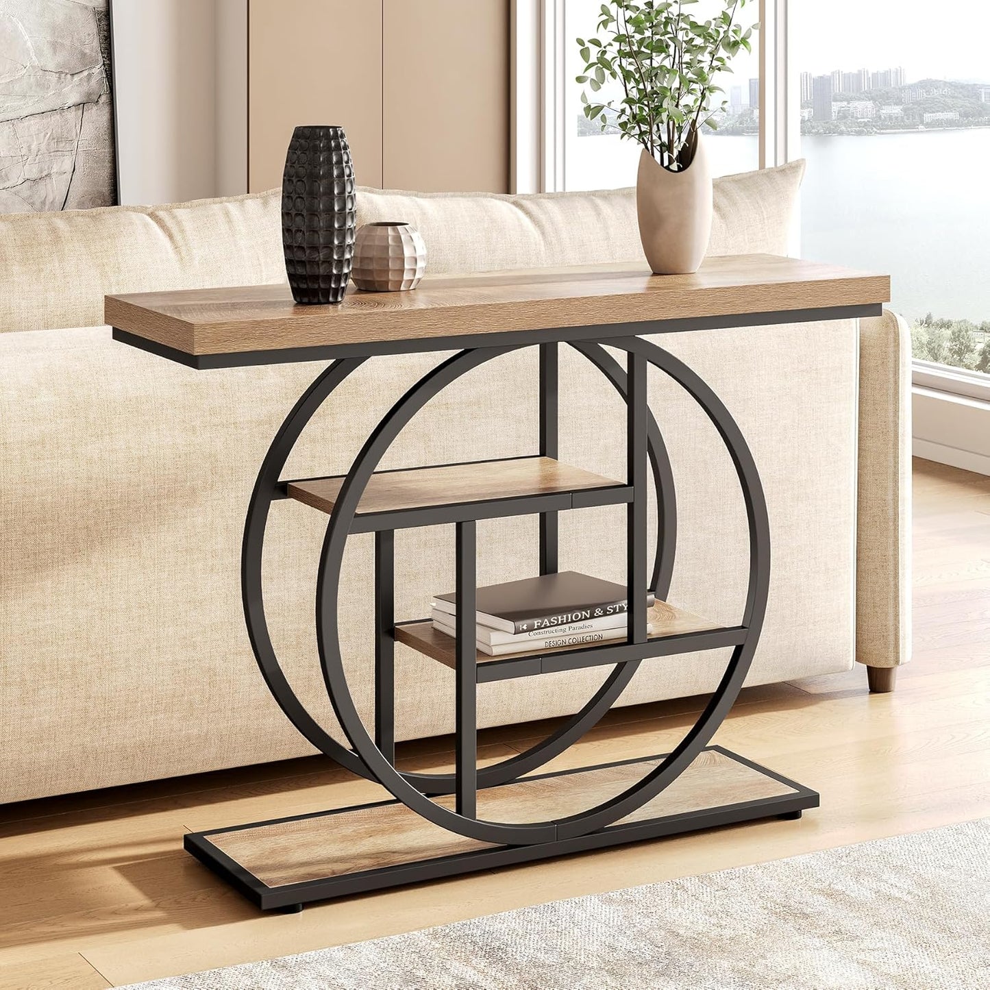 LITTLE TREE Console Table, 4-Tier Entryway Table Behind Couch Table, 41.3-Inch Farmhouse Sofa Table for Living Room, Foyer Hallway Table for Entrance, Walnut and Black