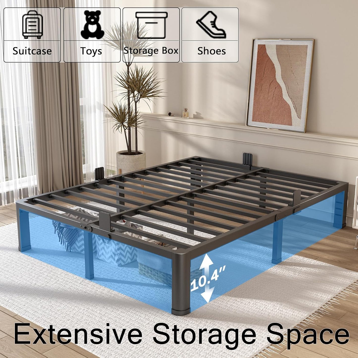 12 Inch Full Bed Frame with Rounded Corner and Headboard Hole Mattress Retainers 3500 LBS Metal Heavy Duty Steel Slats Support No Box Spring Needed Platform Noise Free Easy Assembly