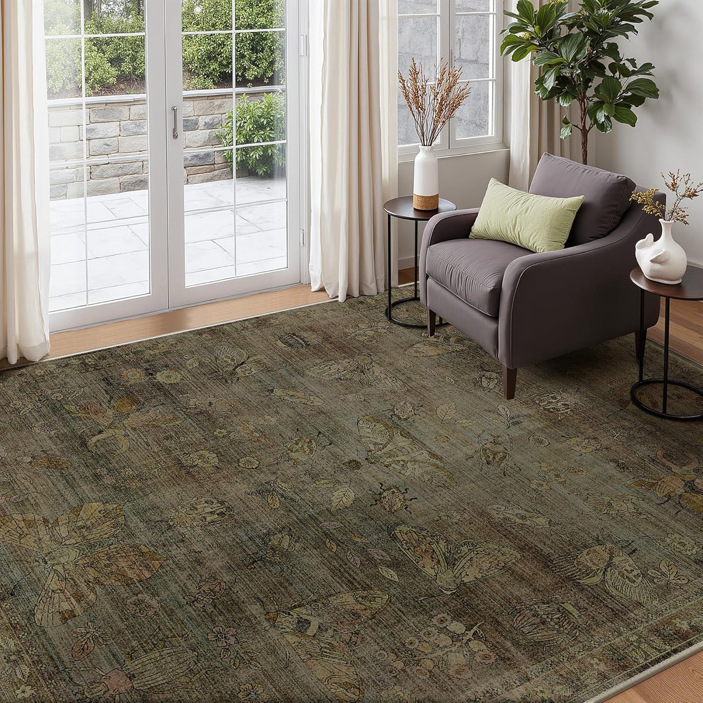 GENIMO 6x9 Area Rugs for Living Room, Machine Washable Non Slip Vintage Rugs, Low Pile Lightweight Chenille Print Rug for Bedroom, Dining Room, Home Office, Moss Taupe