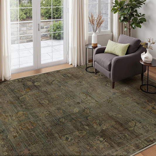 GENIMO 8x10 Area Rugs for Living Room, Machine Washable Non Slip Vintage Rugs, Low Pile Lightweight Chenille Print Rug for Bedroom, Dining Room, Home Office, Moss Taupe