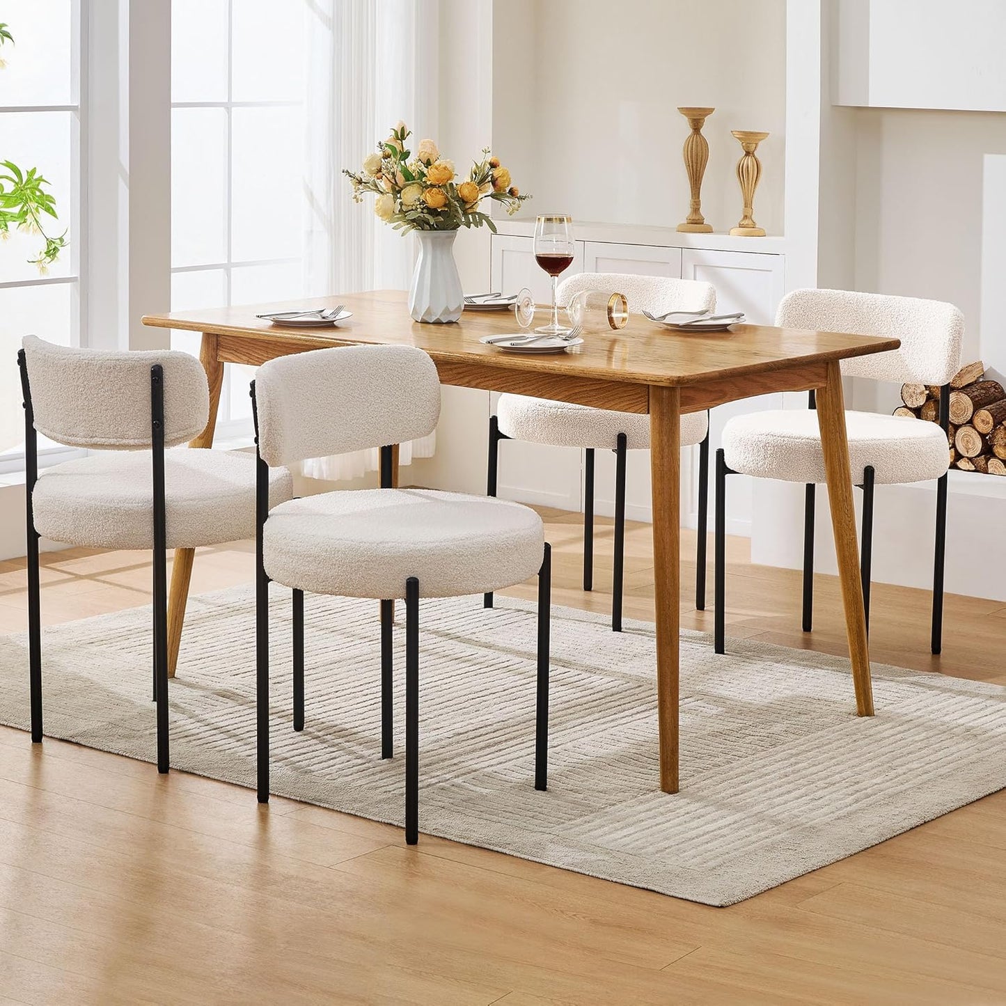 Dining Chairs Set of 4, White Boucle Dining Chair, Curved Backrest Upholstered Dining Room Chairs with Black Metal Legs, Mid Century Modern Dining Chairs for Kitchen, Living Room, White