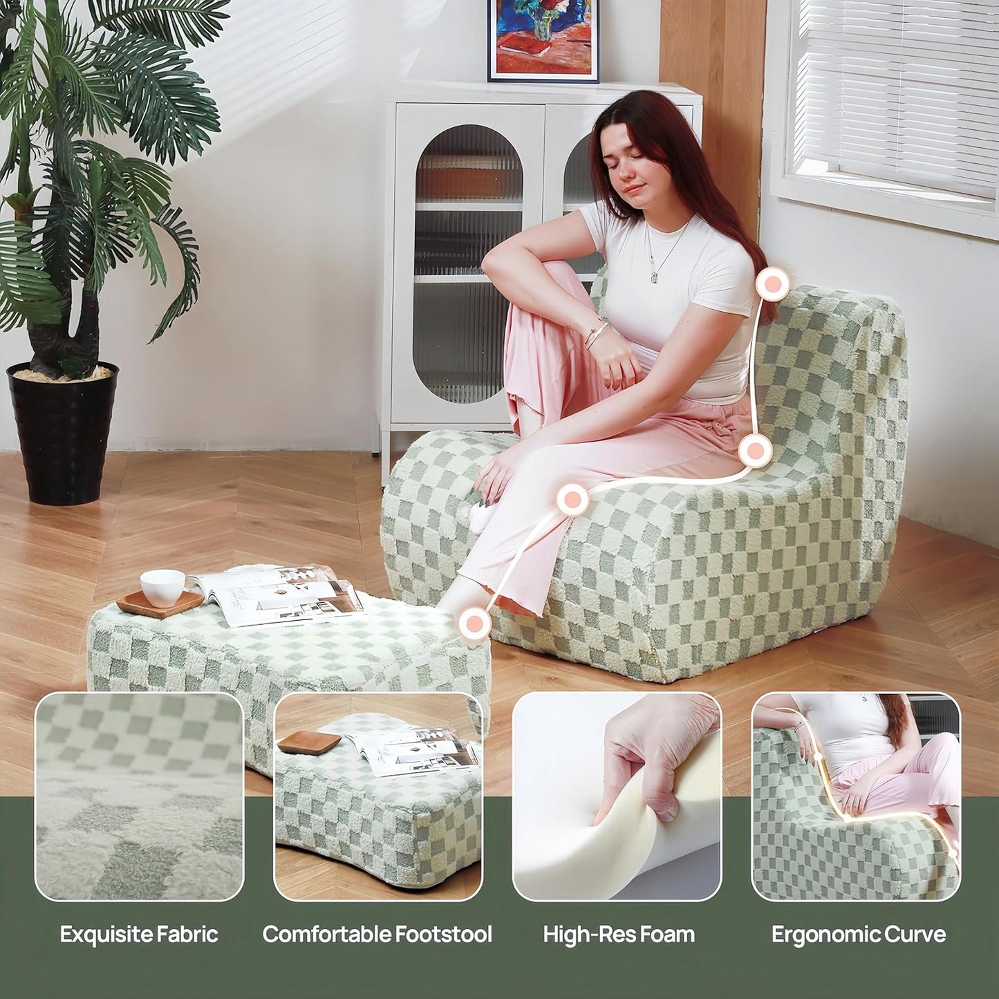 Giant Bean Bag Chair for Adults with Ottoman, Teddy Fabric Beanbag Chair with Memory Foam Filled,Plush Lazy Floor Sofa with Footstool Couch for Living Room,Bedroom,Dorm, Apartment, Green