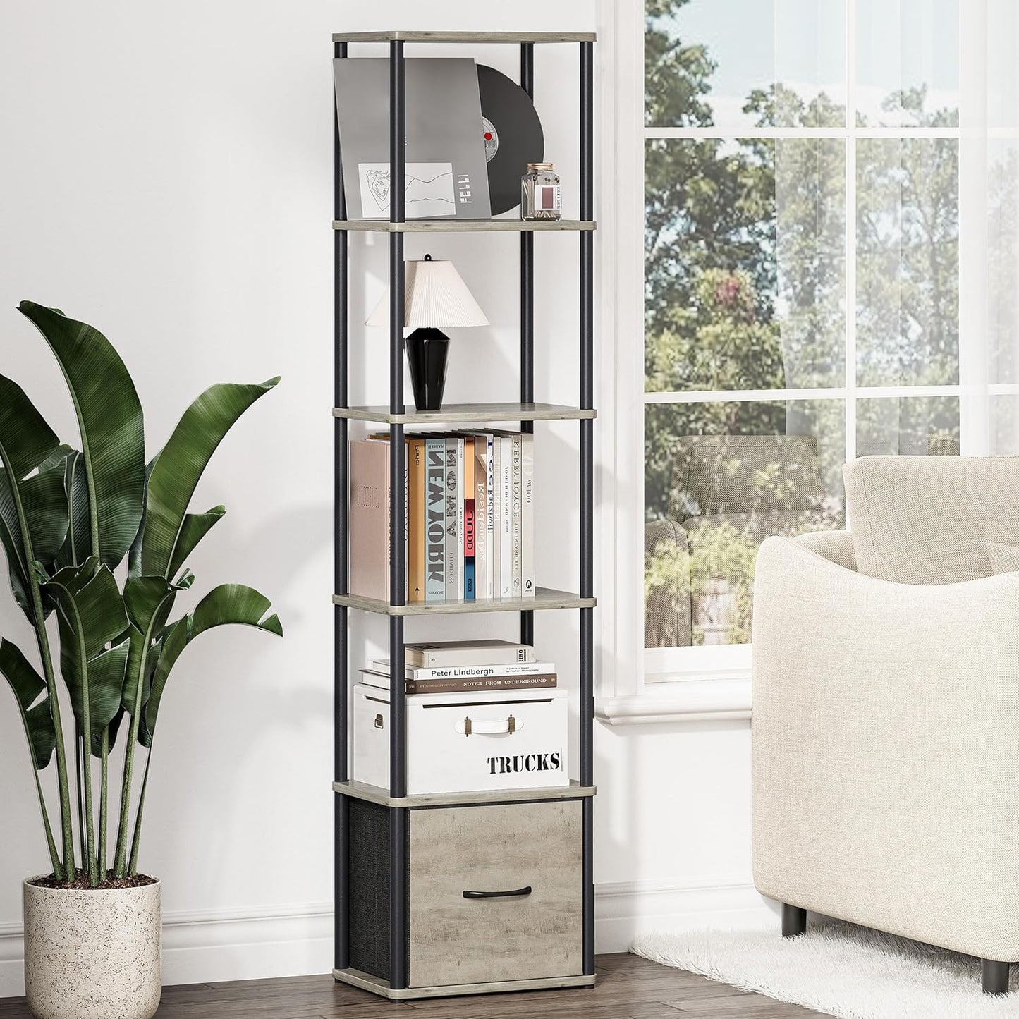 6-Tier Bookshelf with Drawer, Narrow Bookshelves Organizer, Floor Standing Ladder Shelf,Tall Bookcase for Small Space, Book shelf with Storage for Living Room, Bedroom, Office, Study Light Oak HBC505Z