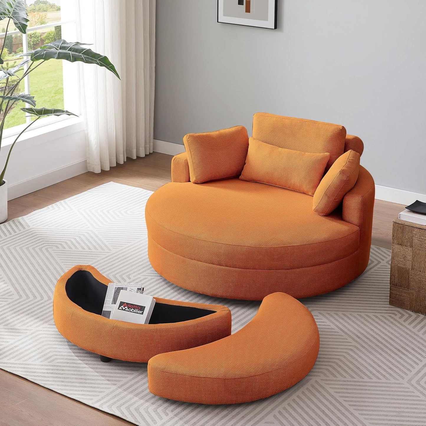 51.2'' Oversized Barrel Armchair with Storage Ottoman，Round Single Reading Upholstered Chairs,Recliner Sofa Chaise with 4 Movable Pillows for Living Room(Orange+Linen)