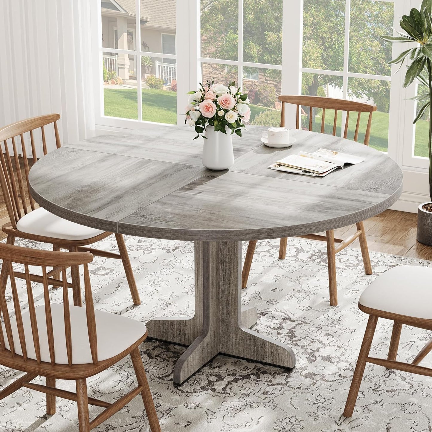 GarveeHome Round Dining Table for 4, 47 Inch Farmhouse Circle Kitchen Table with Wood Tabletop and Stable Base, for Home Dining Room Living Room, Grey (Only Table)