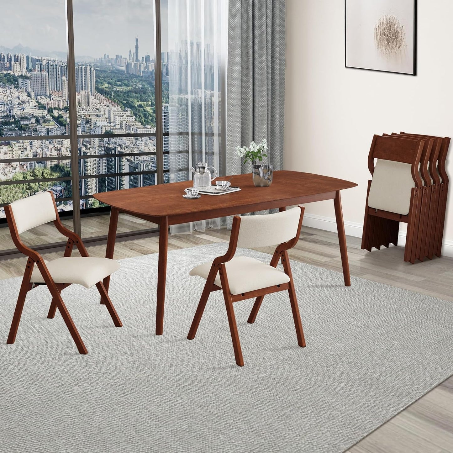 Folding Dining Chairs Set of 2, Upholstered Kitchen Chair with Padded Seat & Backrest, Modern Side-Chair with Wood Legs for Home Office Living Room,No Assembly Needed,Cream White+Cherry