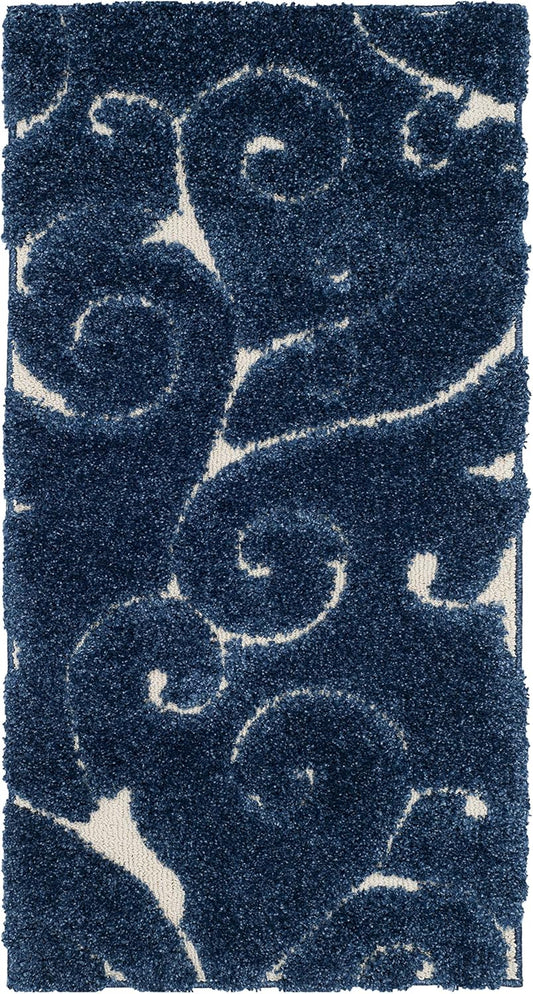 SAFAVIEH Florida Shag Collection Accent Rug - 2'3" x 4', Dark Blue & Cream, Scroll, Non-Shedding & Easy Care, 1.2-inch Thick Ideal for High Traffic Areas in Entryway, Living Room, Bedroom (SG455-6511)