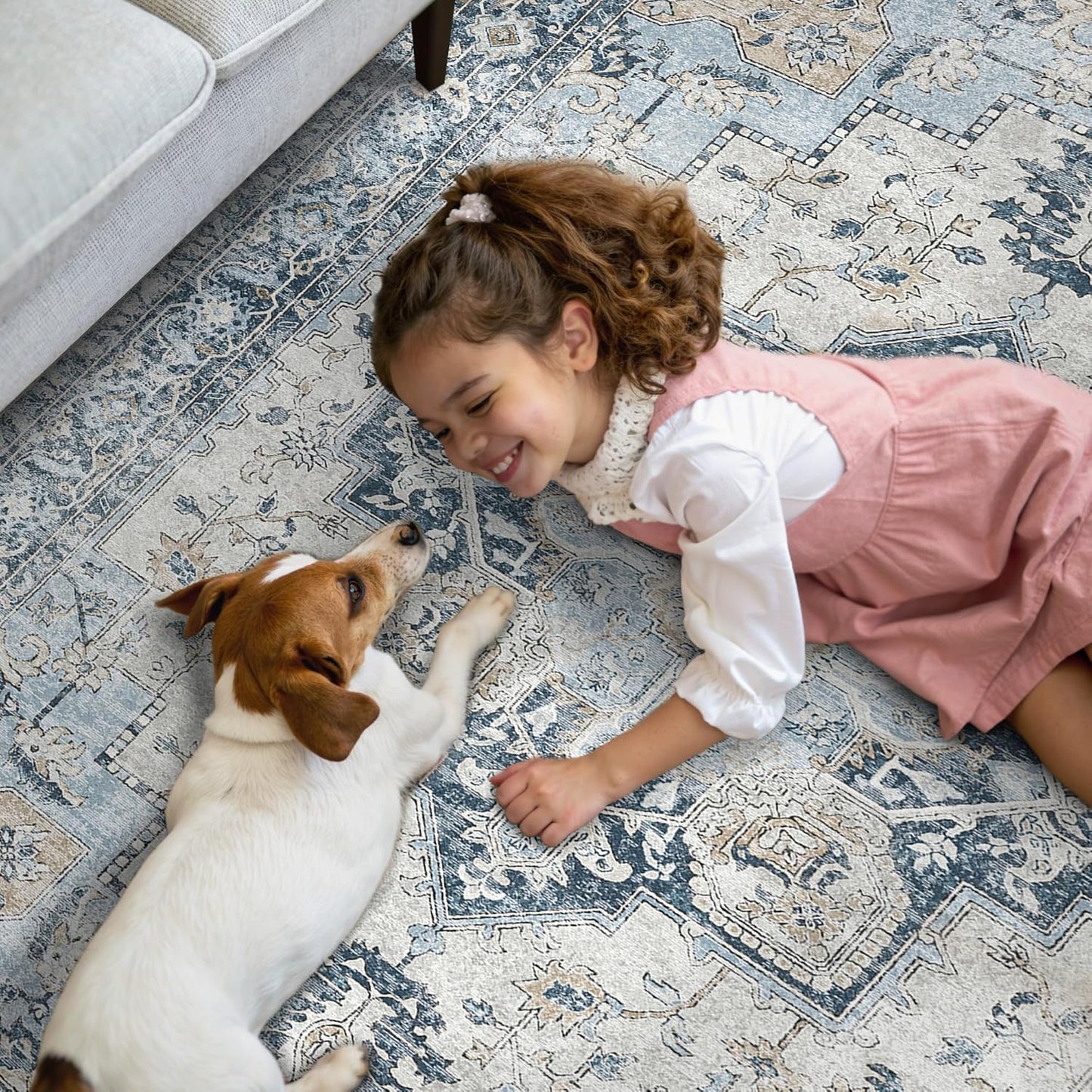 GENIMO Runner Rug 2'6''x10, Non Slip Vintage Hallway Runner Rugs, Low Pile Lightweight Machine Washable Mat for Hallway, Entryway, Bedroom, Kitchen and Corridor, Blue