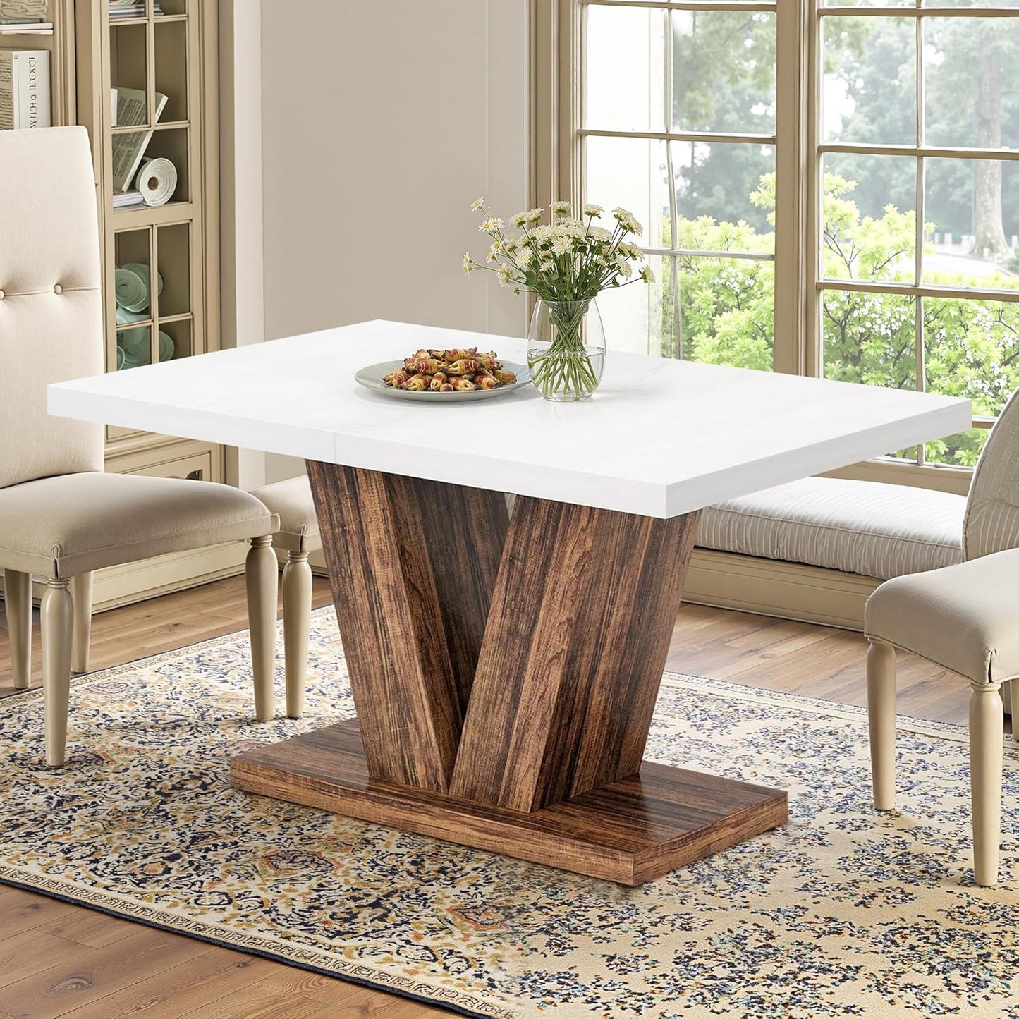 47" Dining Table, Wooden Kitchen Dinner Table Heavy Duty, Farmhouse Table for Dining Room, Living Room Space Saving, White