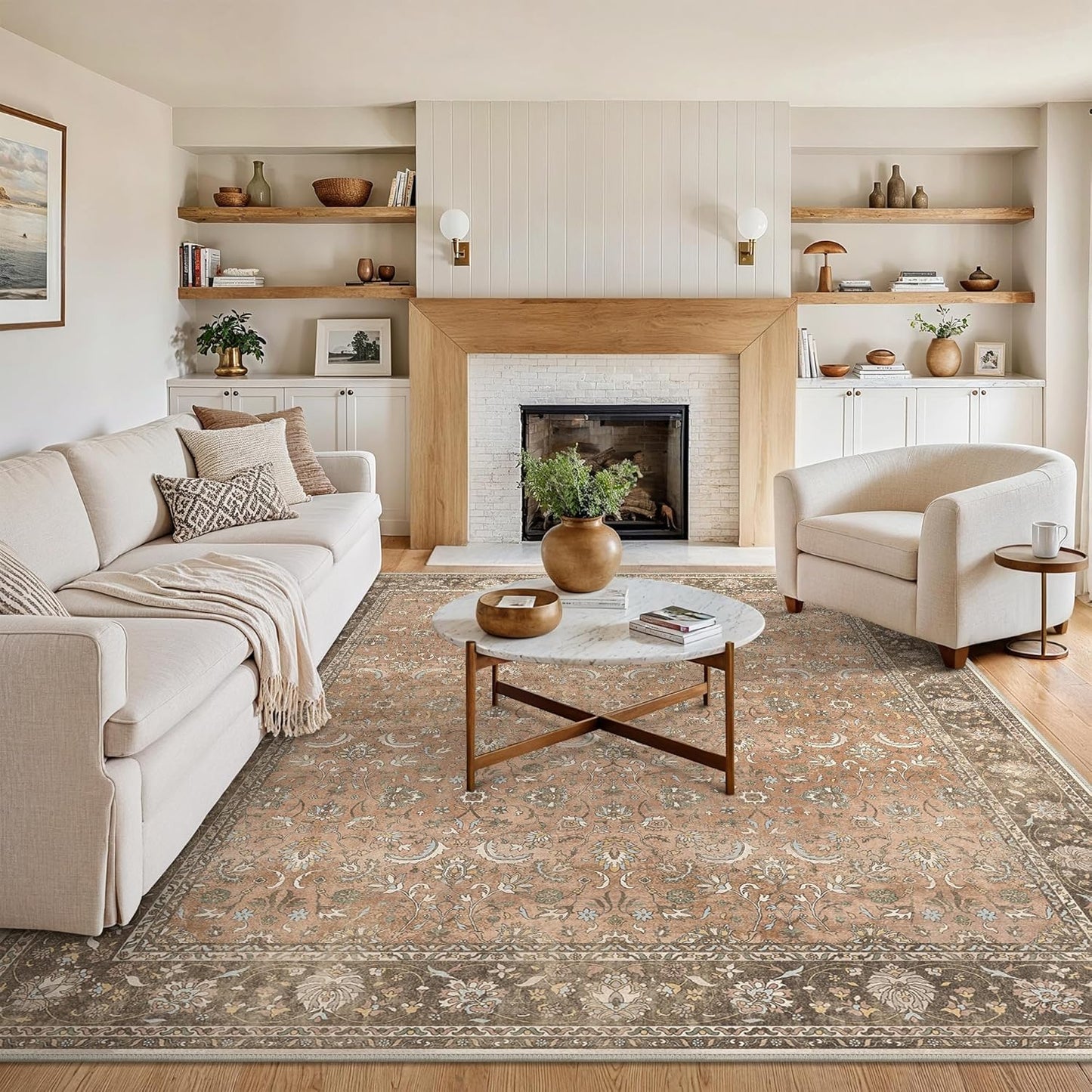 10X12 Area Rugs Machine Washable Rugs for Living Room, Vintage Boho Large Rugs for Bedroom Dining Room, Non Slip Indoor Soft Distressed Lightweight Thin Low Pile Carpet, Chestnut