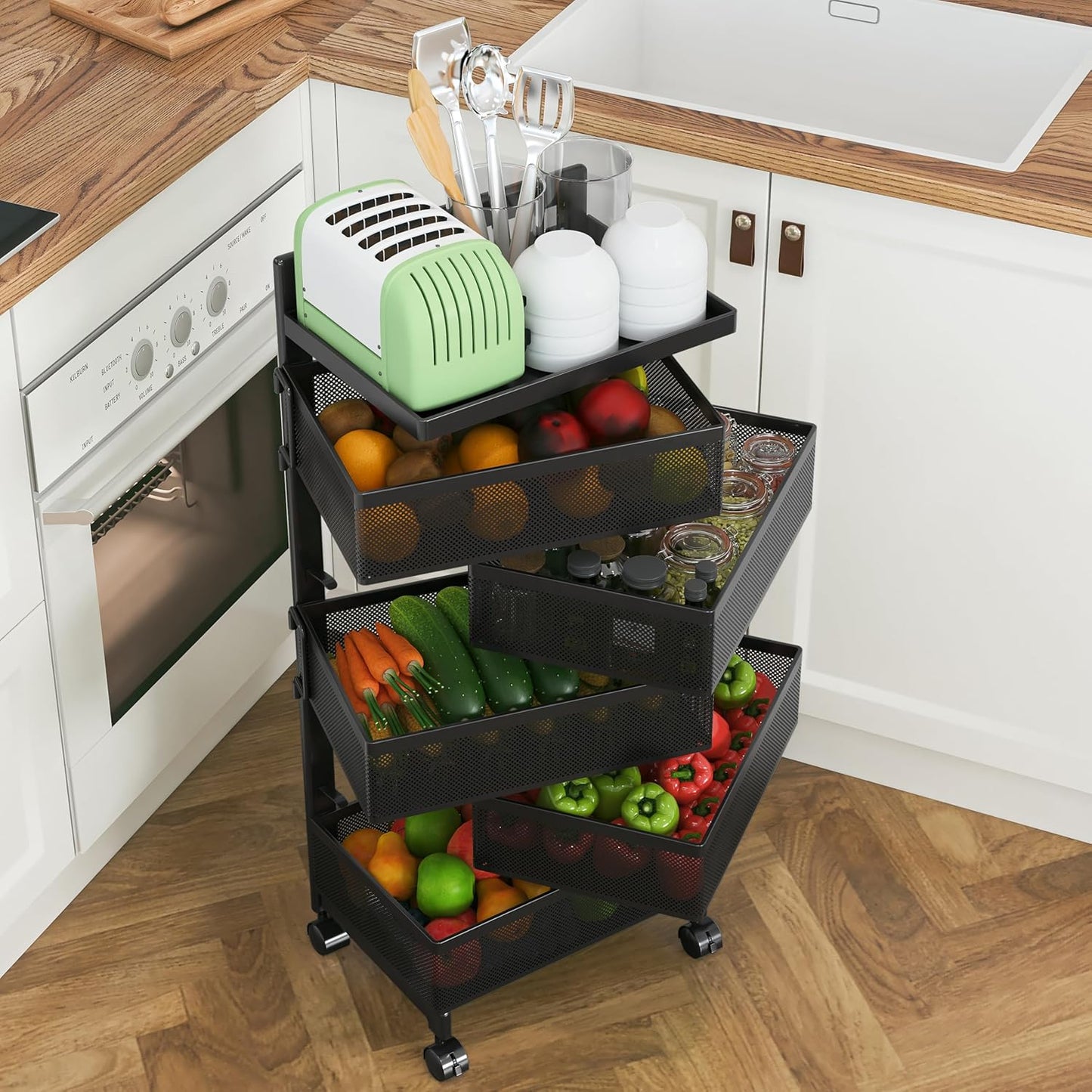 Rolling Rotating Storage Cart No Assembly Required，Bathroom Shelf Fruit and Vegetable Basket for Kitchen,Storage Drawer Organizer Cart ，Metal Utility cart on Wheels(Black, 5 Tier-Square)