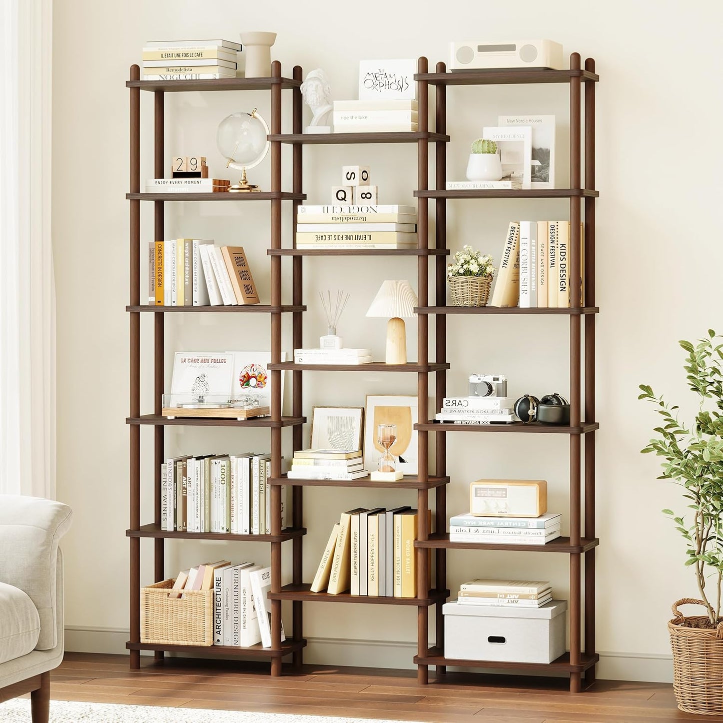 IOTXY Wooden Triple Wide Bookshelf - 6-Tier Large Shelf Bookcase with Solid Beech Frame, Tall Freestanding Open Etagere Display Rack for Home Office, Walnut