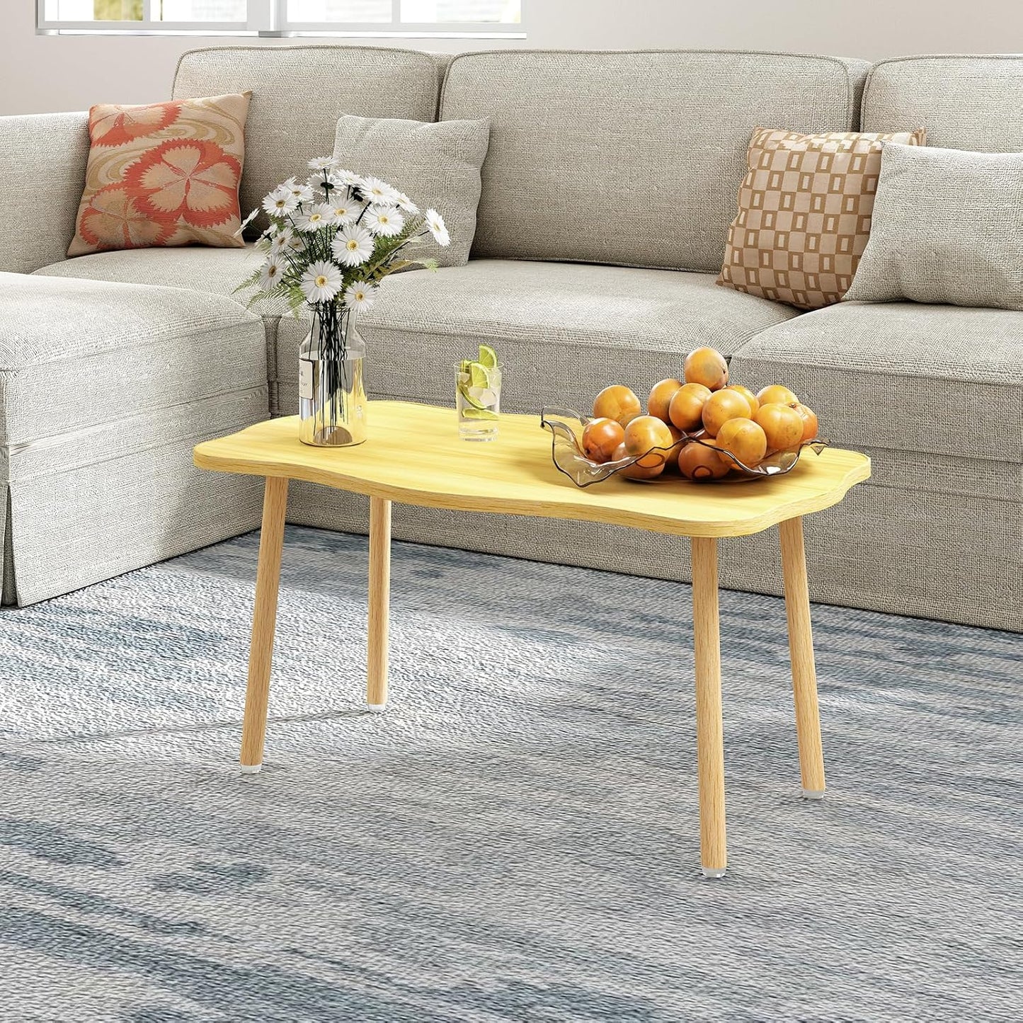 Cookie Coffee Table Low Table with 4 Solid Wood Sturdy Legs, Floor Table Desk for Sitting on The Floor, Storage and Living Room Furniture (Natural)