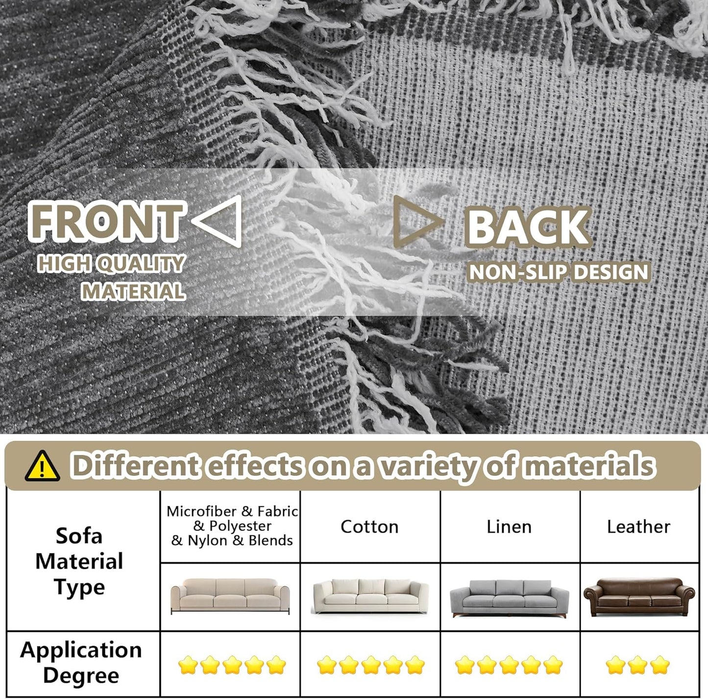 MYSKY HOME Boho Couch Cover Charcoal Gray Sofa Covers with Tassel Farmhouse Sofa Slipcover Simple Couch Protector for Dogs Chenille Sectional Couch Covers L Shaped Couch Cushion Covers, 91"x 134"