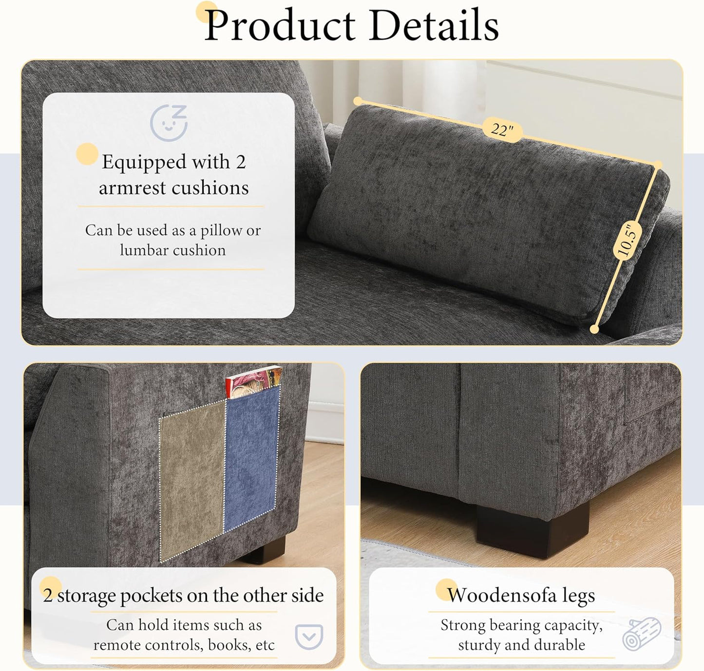 Ball & Cast Oversized Modular L Shaped Sectional Sofa W/Movable Ottoman and USB Ports,5 Seater Comfy Cloud Couch W/2 Armrest Pillows,Folding Table & Side Pocket,for Living Room,Apartment,Charcoal,130"