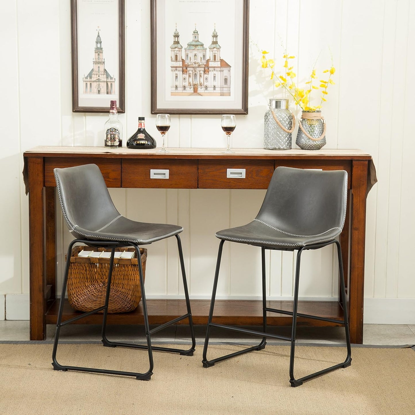 Roundhill Furniture Vintage PU Leather Bar Stools, Antique Gray, Set of 2