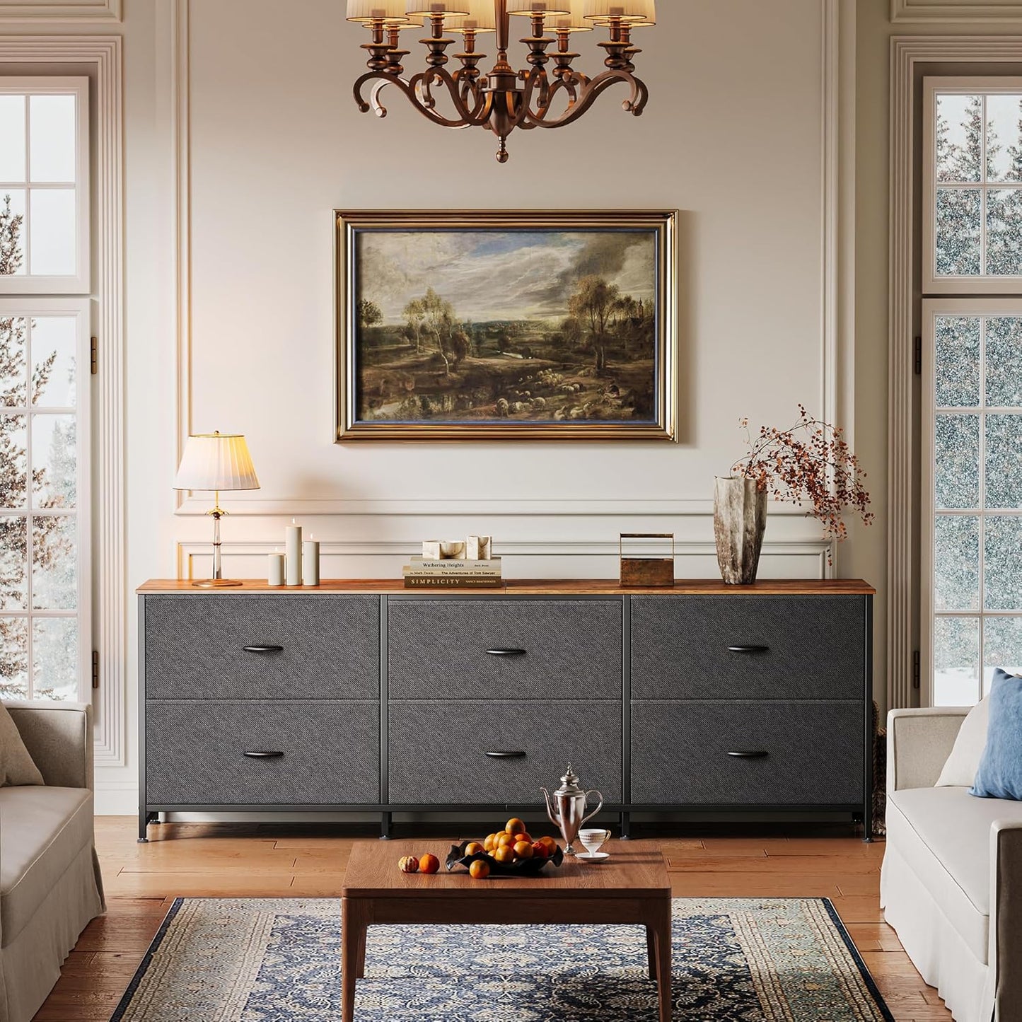 Huuger 63 Inch Long Dresser for Bedroom, Wide TV Stand for 55, 65, 70 Inch TV, 6 Drawer Dresser for Closet with Fabric Drawers, Storage Organizer for Bedroom, Entryway, Rustic Brown and Black