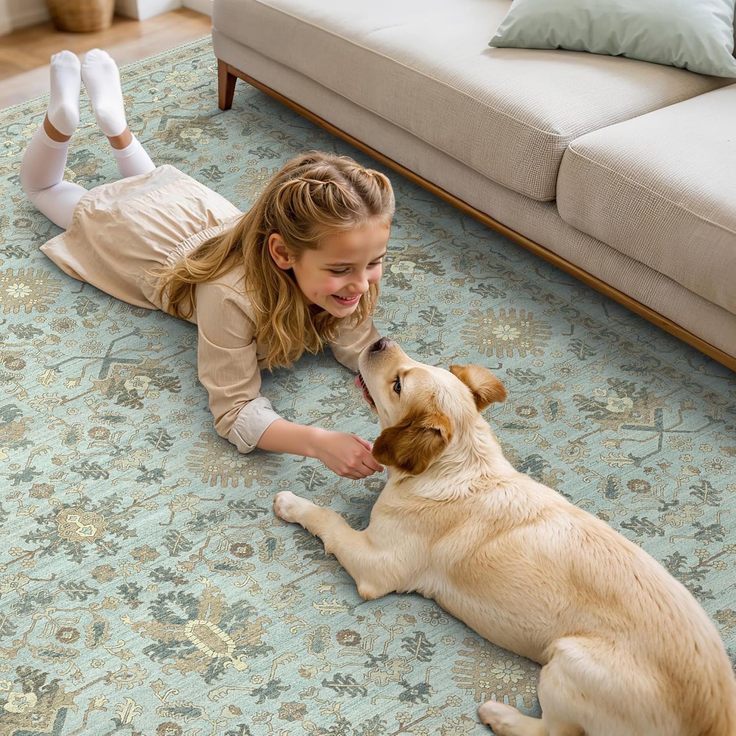 8X10 Area Rugs Machine Washable Runner Rugs for Living Room Bedroom Hallway, Non Slip Indoor Soft Accent Distressed Boho Vintage Print Lightweight Thin Low Pile Carpet, Misty Blue