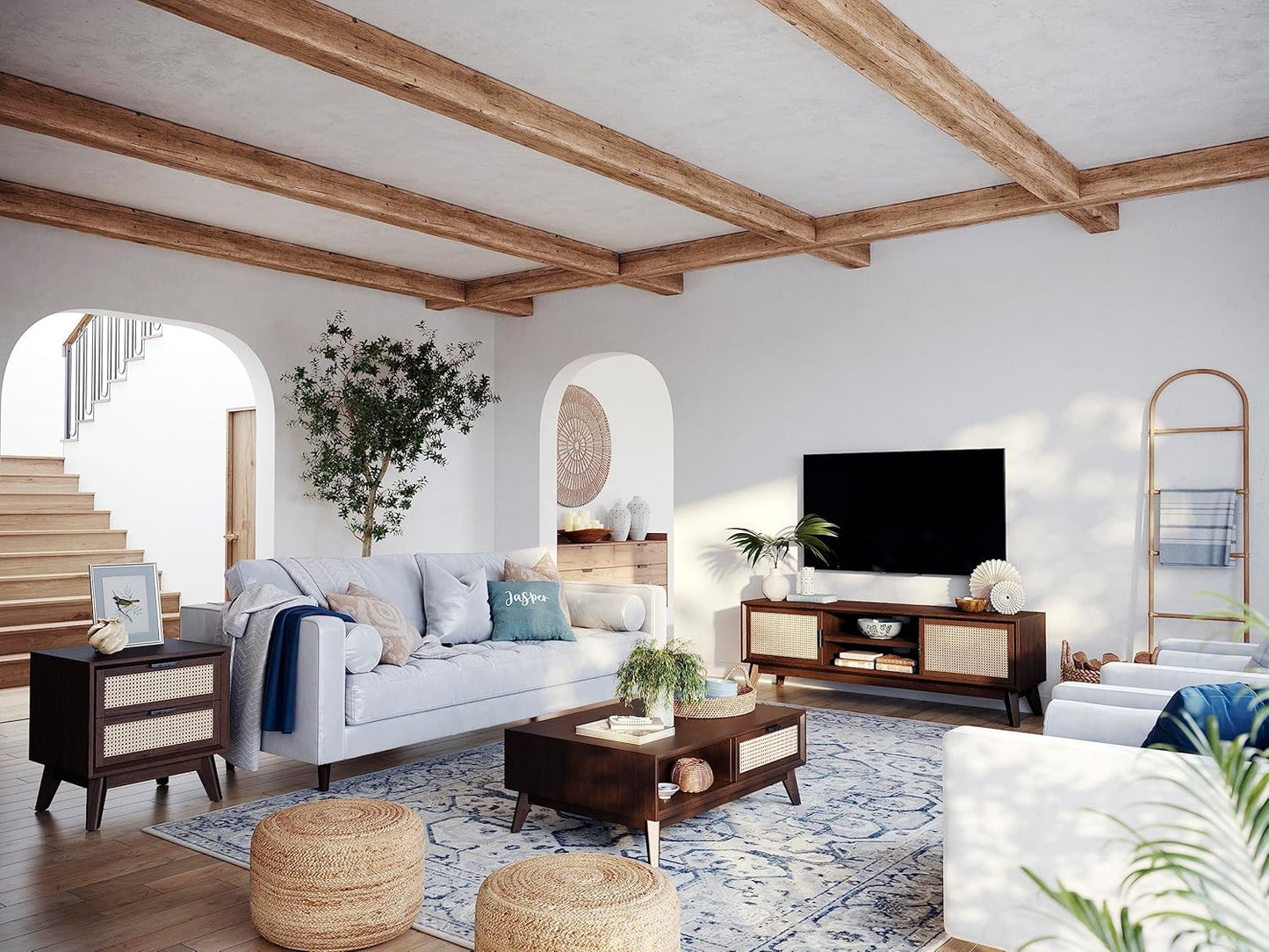 Bme Jasper Deluxe Solid Wood Rattan Nightstand Fully Assembled-Mid Century Modern Side Table with 2 Drawers-Multipurpose use for Living Room, Bedroom-Walnut