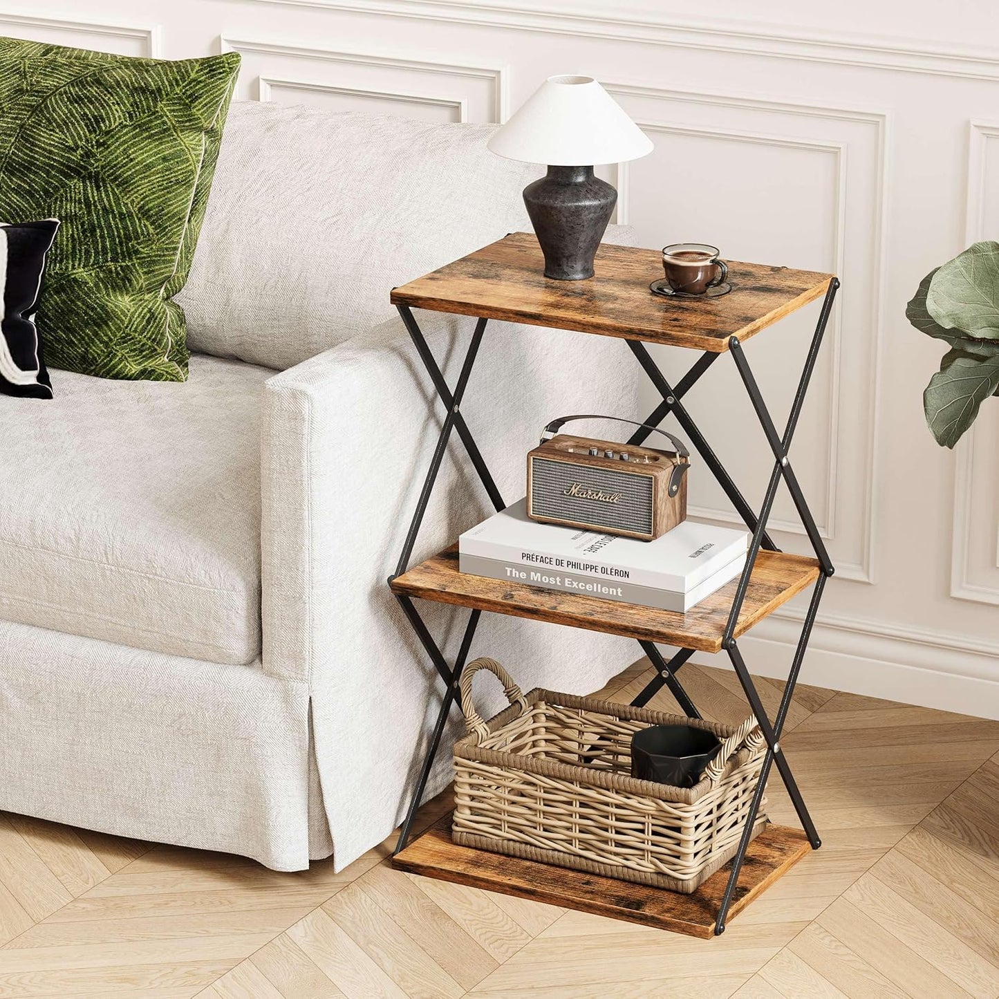 3-Tier End Table Set of 2 Small Side Table Tall Bedside Night Stand with Storage Sofa Side desks for Living Room Bedroom Office Bathroom Small Space Rustic Brown ET-03RB-2